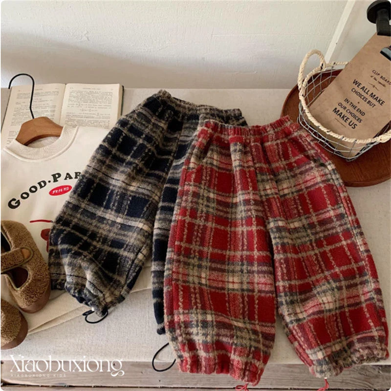 儿童加绒休闲裤2024冬季新品男女童加厚格子毛呢裤男孩宝宝束脚裤