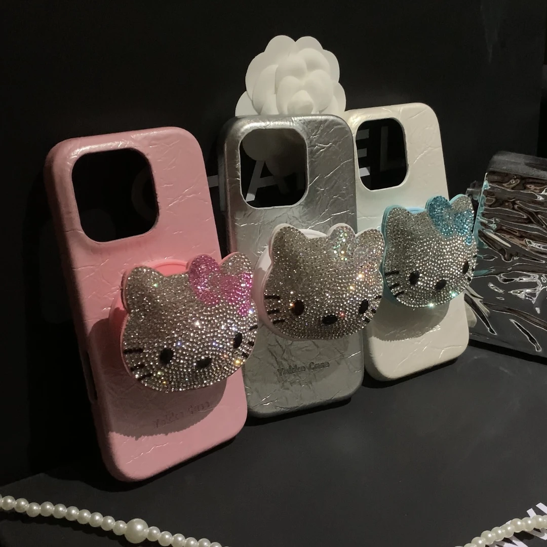 ins风褶皱皮质满钻Kitty猫磁吸支架手机壳适用苹果16promax/15pro