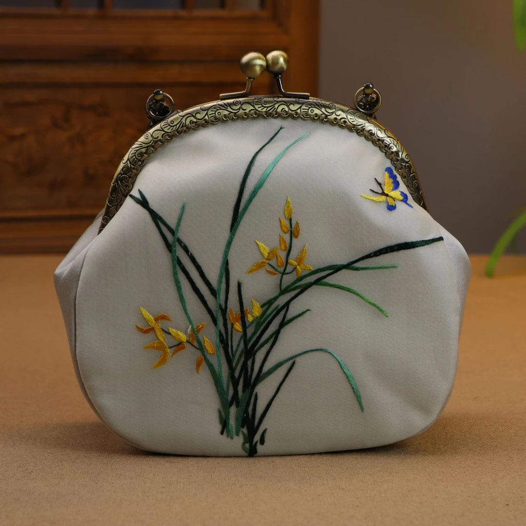 苏绣手绣兰花汉服包手工艺汉服包桑蚕丝刺绣手拿包口金包