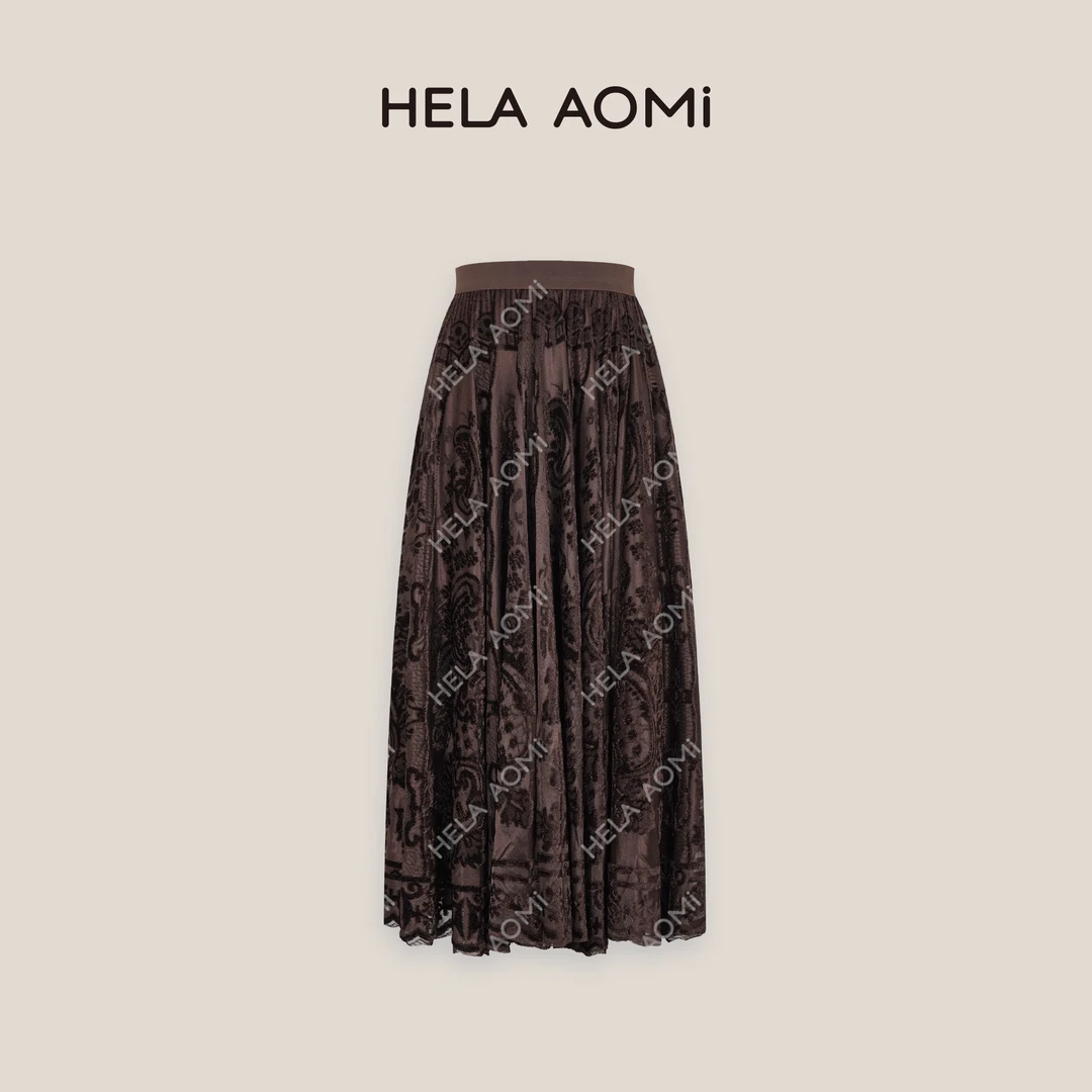 HELA AOMI“佩斯利丝绒”腰果花高级感大摆裙高腰梨形遮胯半身裙