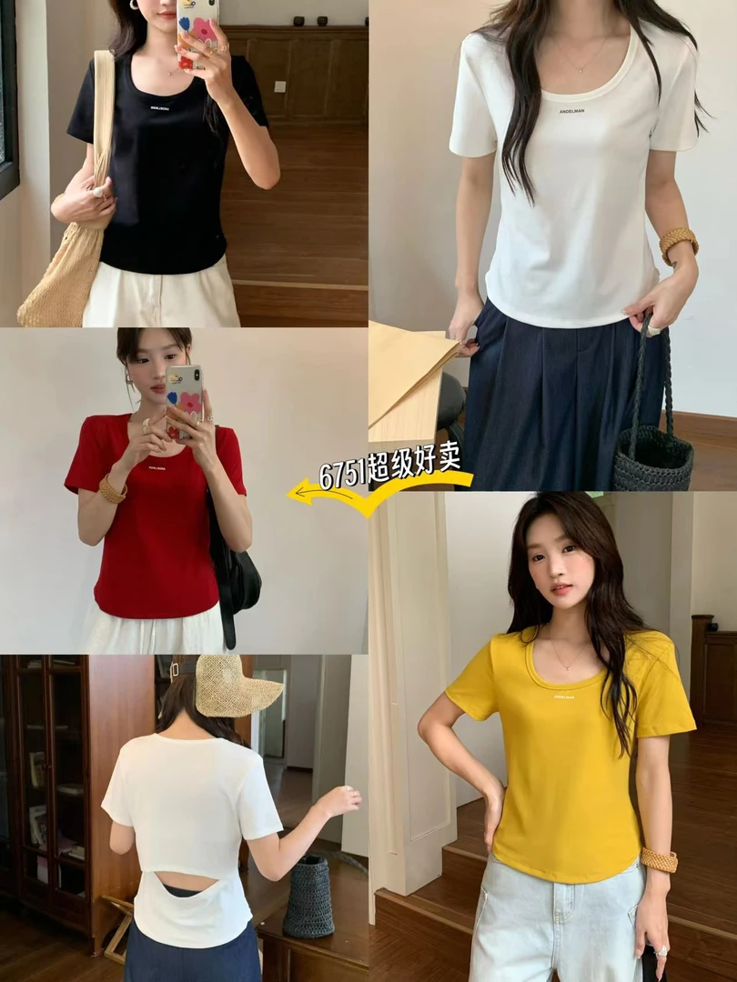 邹先森6751-29夏季新款时尚百搭圆领后背镂空设计感显瘦短款