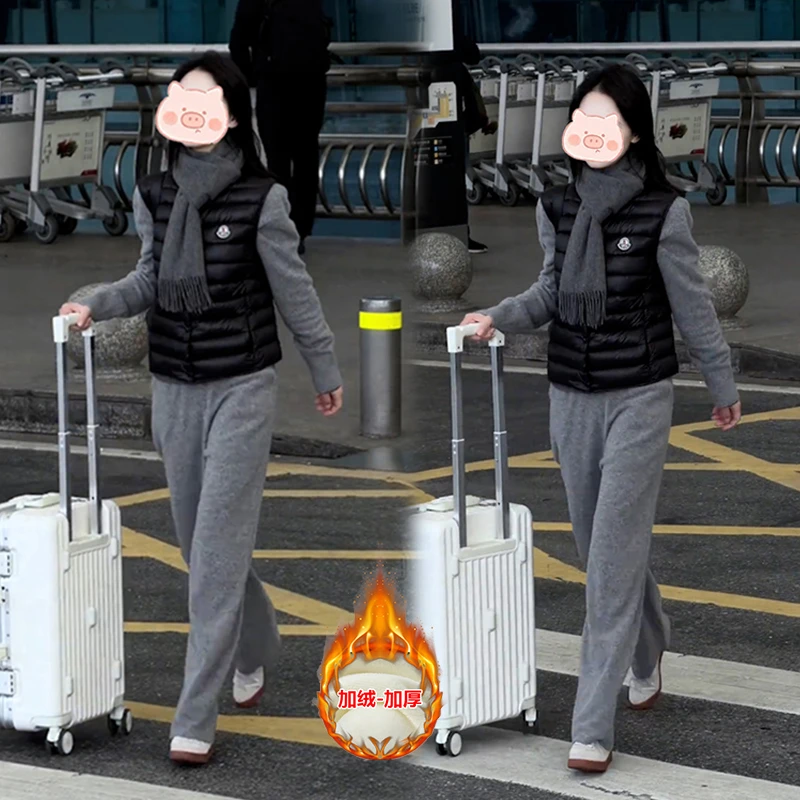 2025年冬季新款穿搭ins风时尚套装灰色打底棉服马甲+加绒休闲裤