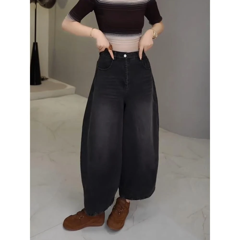 牛仔裤女士2025年早秋新款爆款裤子显瘦九分裤高腰弯刀阔腿裤黑色