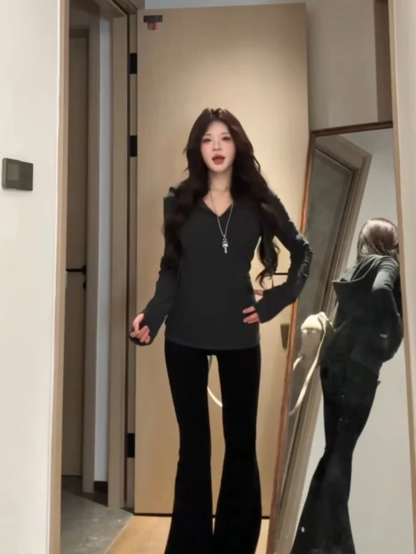 【lulu穿搭】美式辣妹休闲长袖修身连帽运动上衣春季新款显瘦休闲裤