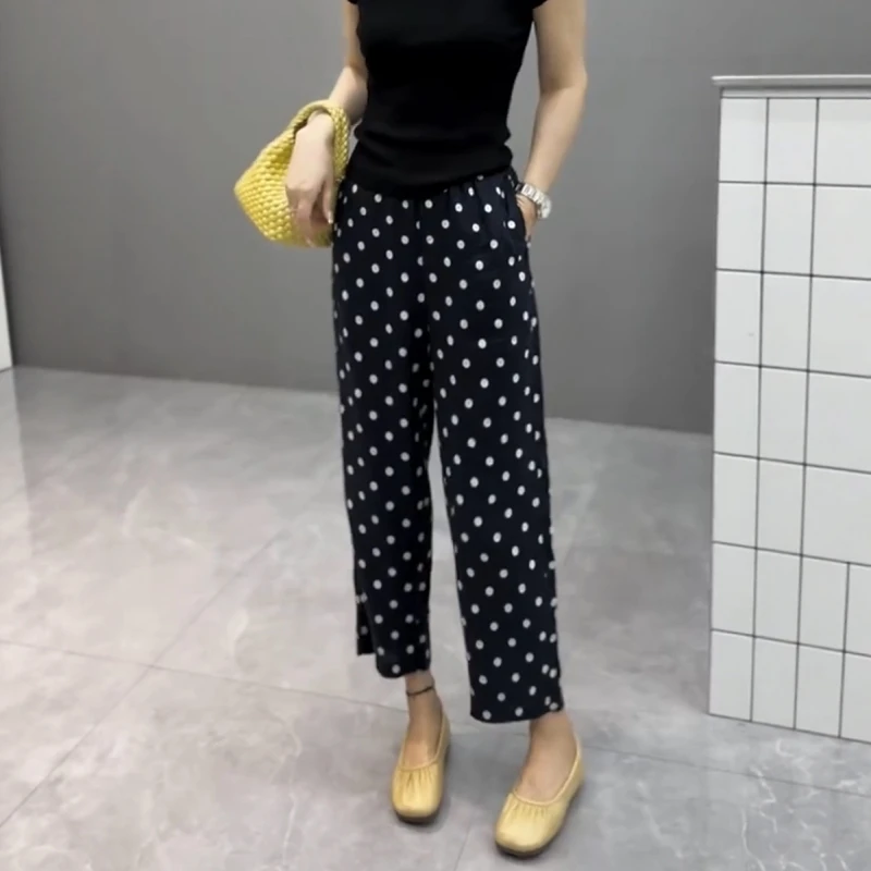 夏季薄款高腰显瘦直筒九分休闲裤大码百搭波点印花宽松遮胯阔腿裤