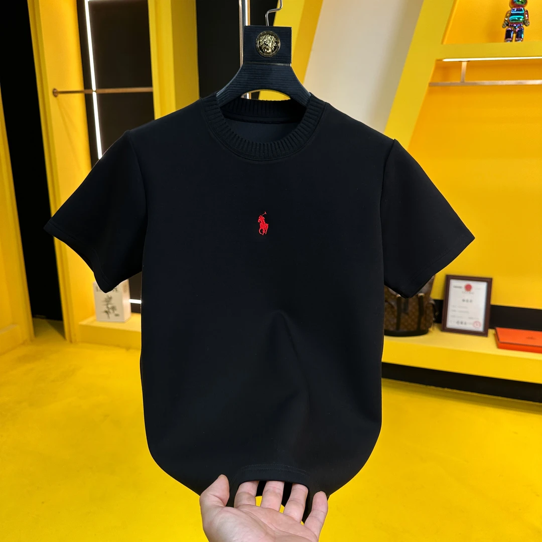 8817#重磅短袖T恤刺绣螺纹圆领半袖黑色时尚百搭休闲