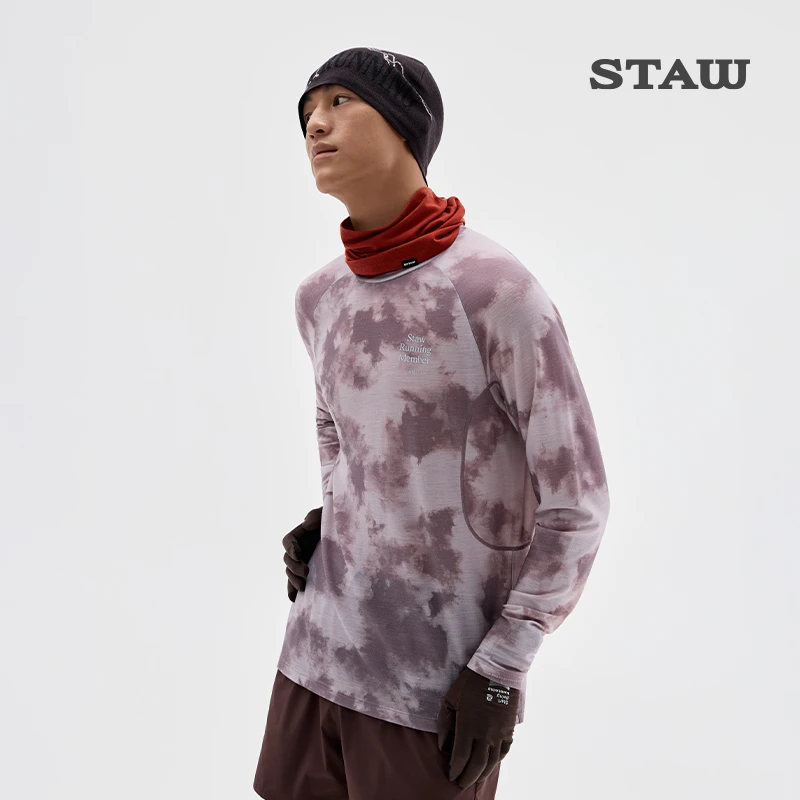 STAW世拓花色羊毛运动长袖T恤男保暖意大利美丽诺马拉松跑步上衣