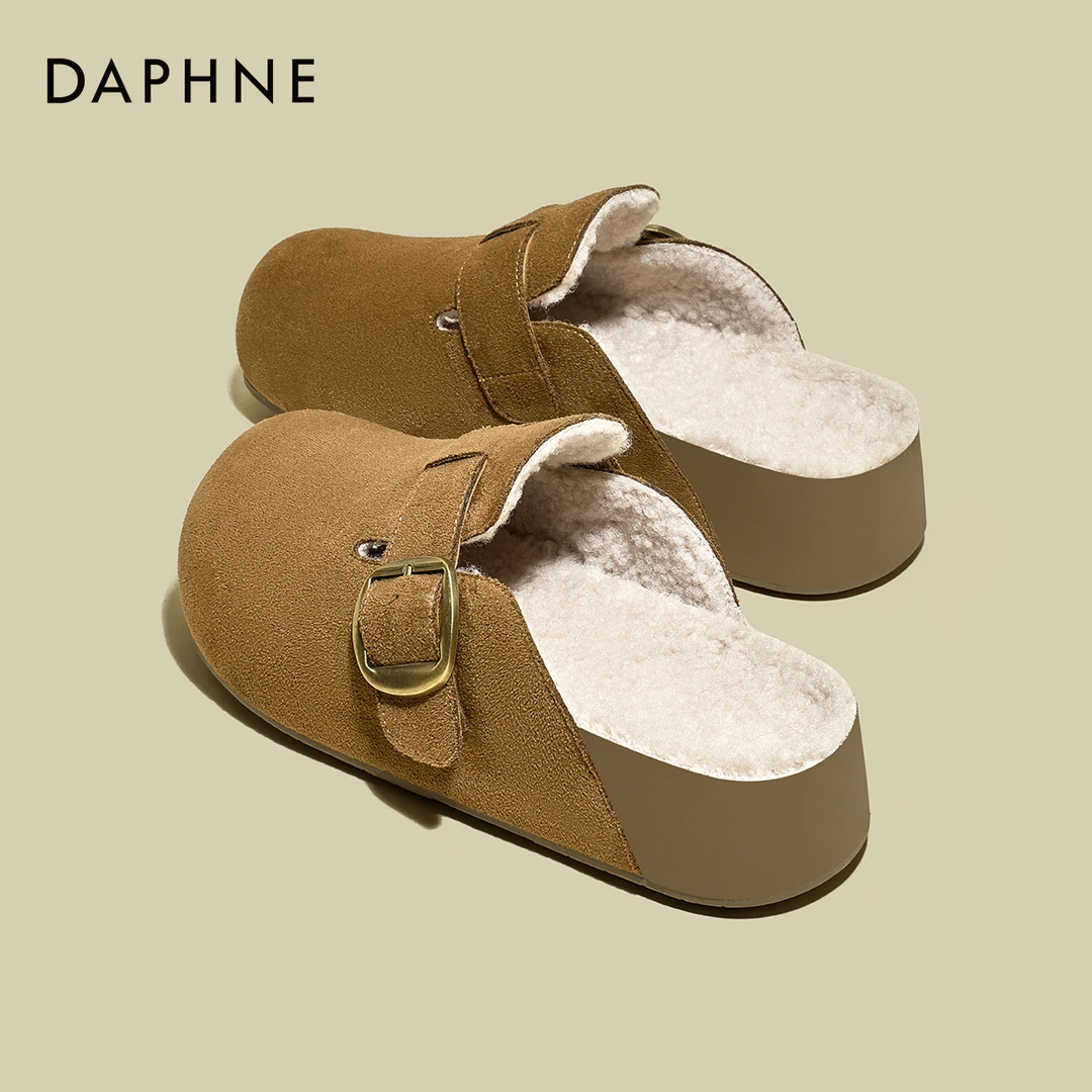 达芙妮厚底勃肯鞋半拖女2025冬季加绒增高复古外穿懒人包头拖鞋女