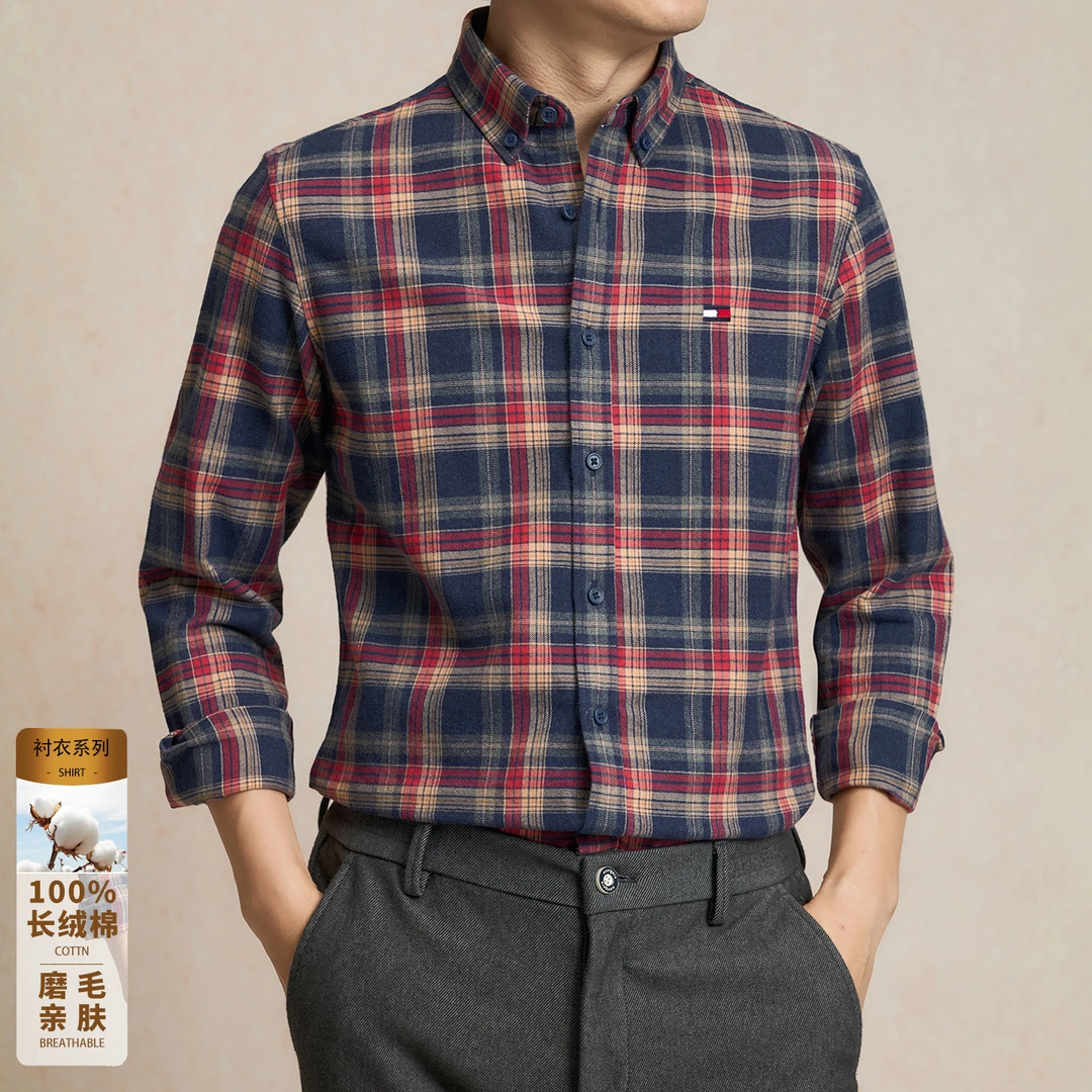 正品Tommy汤米纯棉磨毛格子长袖衬衫秋季韩版时尚拼色休闲衬衣男