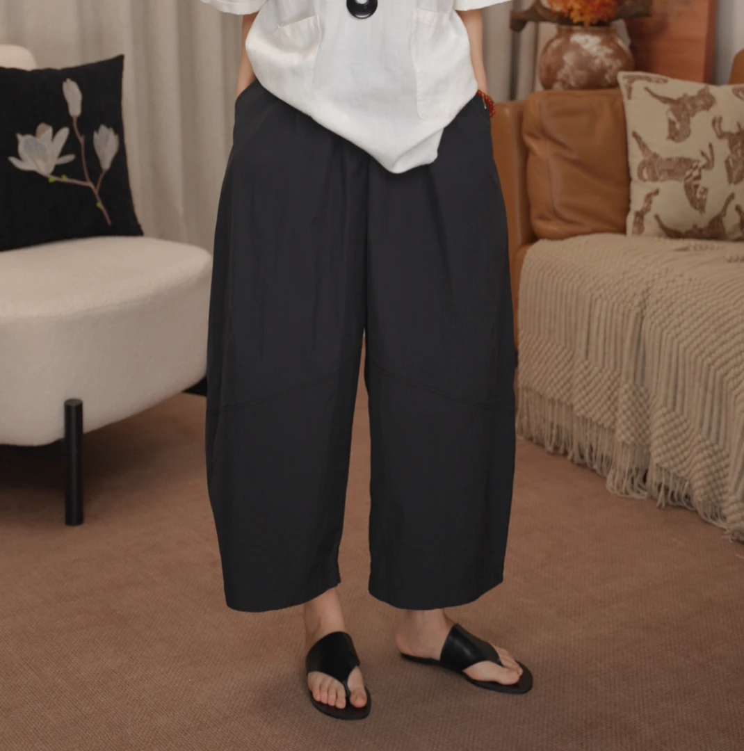 CHENGRAN<隙屿>夏季简约休闲百搭宽松九分裤纯色松紧腰阔腿裤黑色
