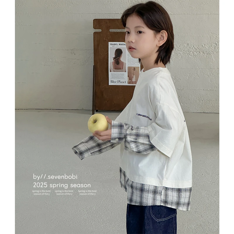 【现货】男童T恤长袖春秋款2025新款儿童假两件打底衫中大童卫衣