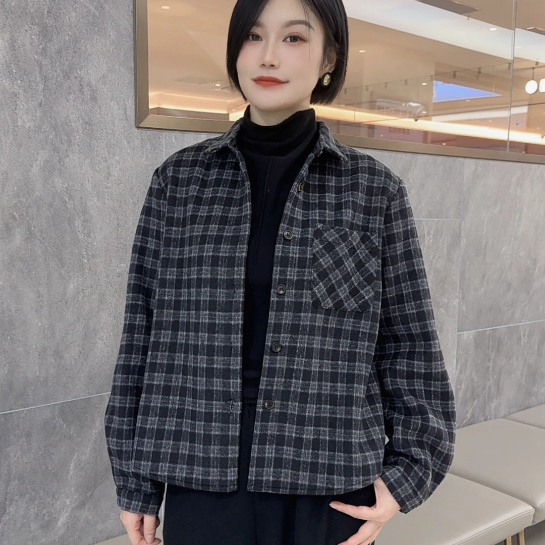短款小个子毛呢格子女冬季翻领毛呢外套加绒加厚保暖外套女上衣