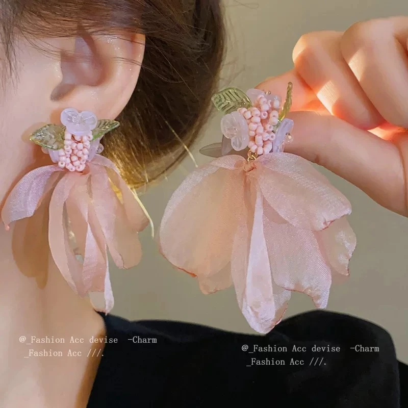 非金属布艺耳饰 粉色网纱花朵耳环女时尚氛围感小众独特百搭耳饰