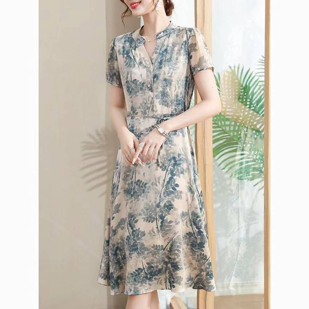 10452-妈妈碎花连衣裙系带收腰中老年妇女夏装遮肚显瘦【C11-2-2】