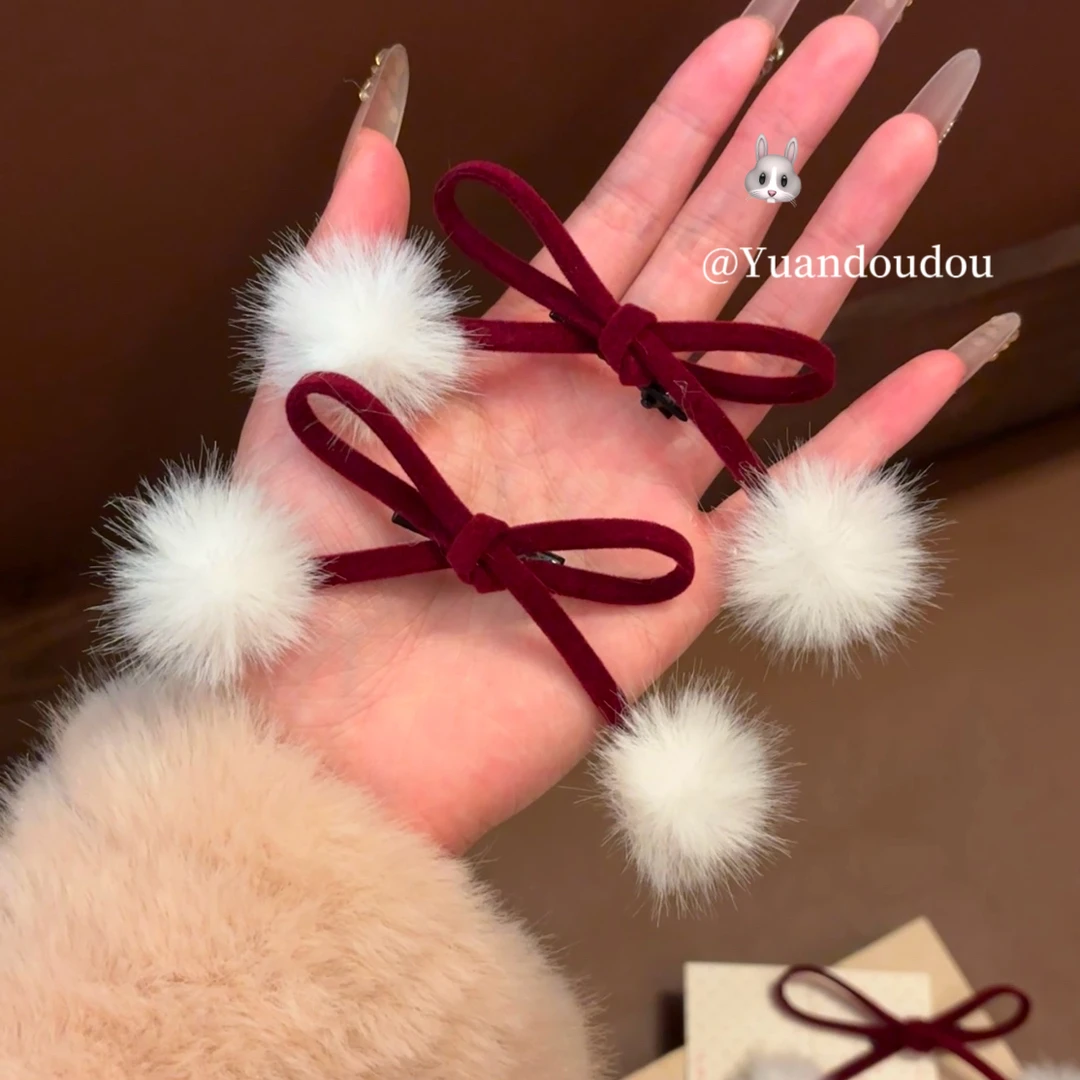 红色新年毛球蝴蝶结发夹秋冬毛绒发卡喜庆侧边夹刘海夹装饰品头饰