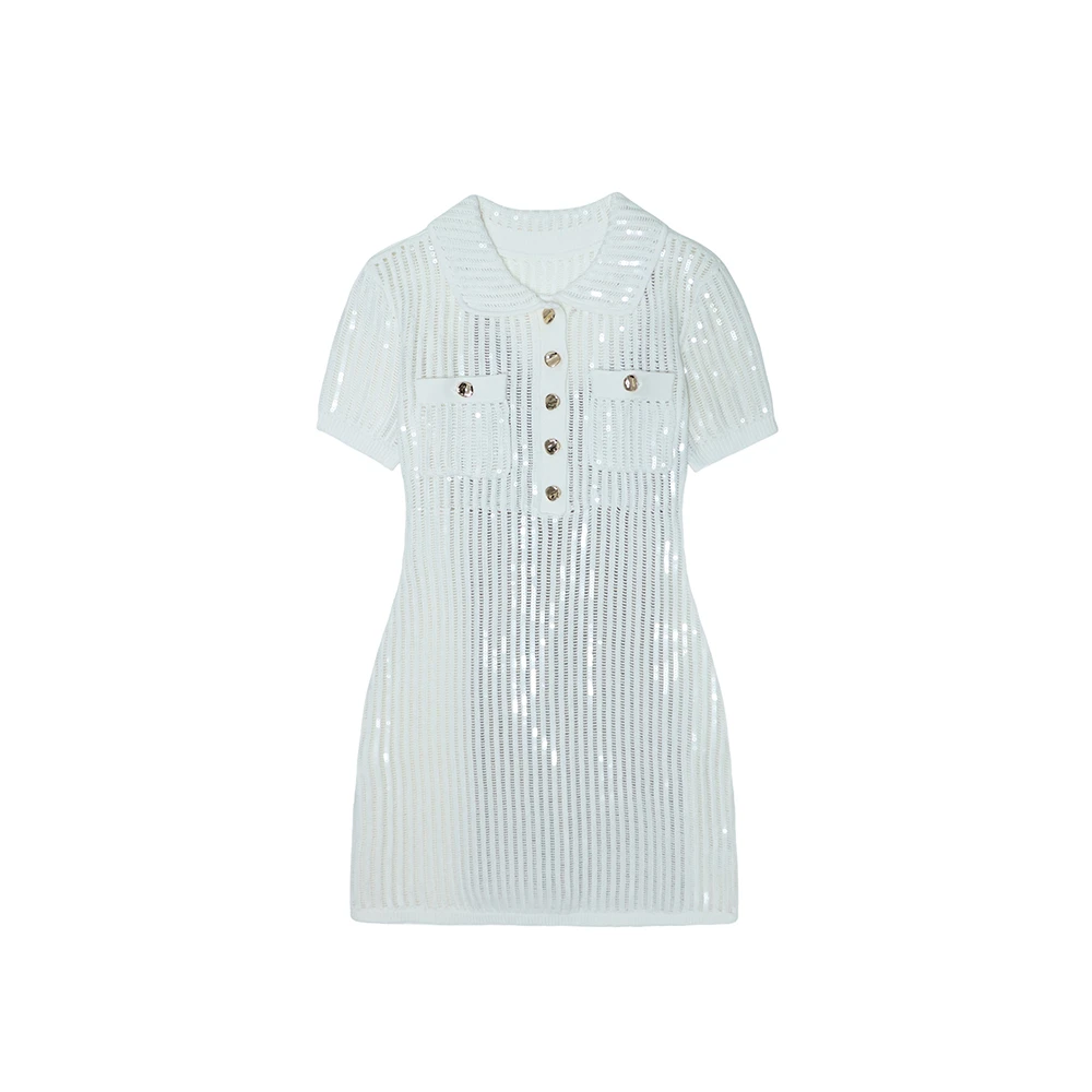 25SP春夏新款纯净白人鱼亮片小香风优雅通勤翻领航海针织连衣裙