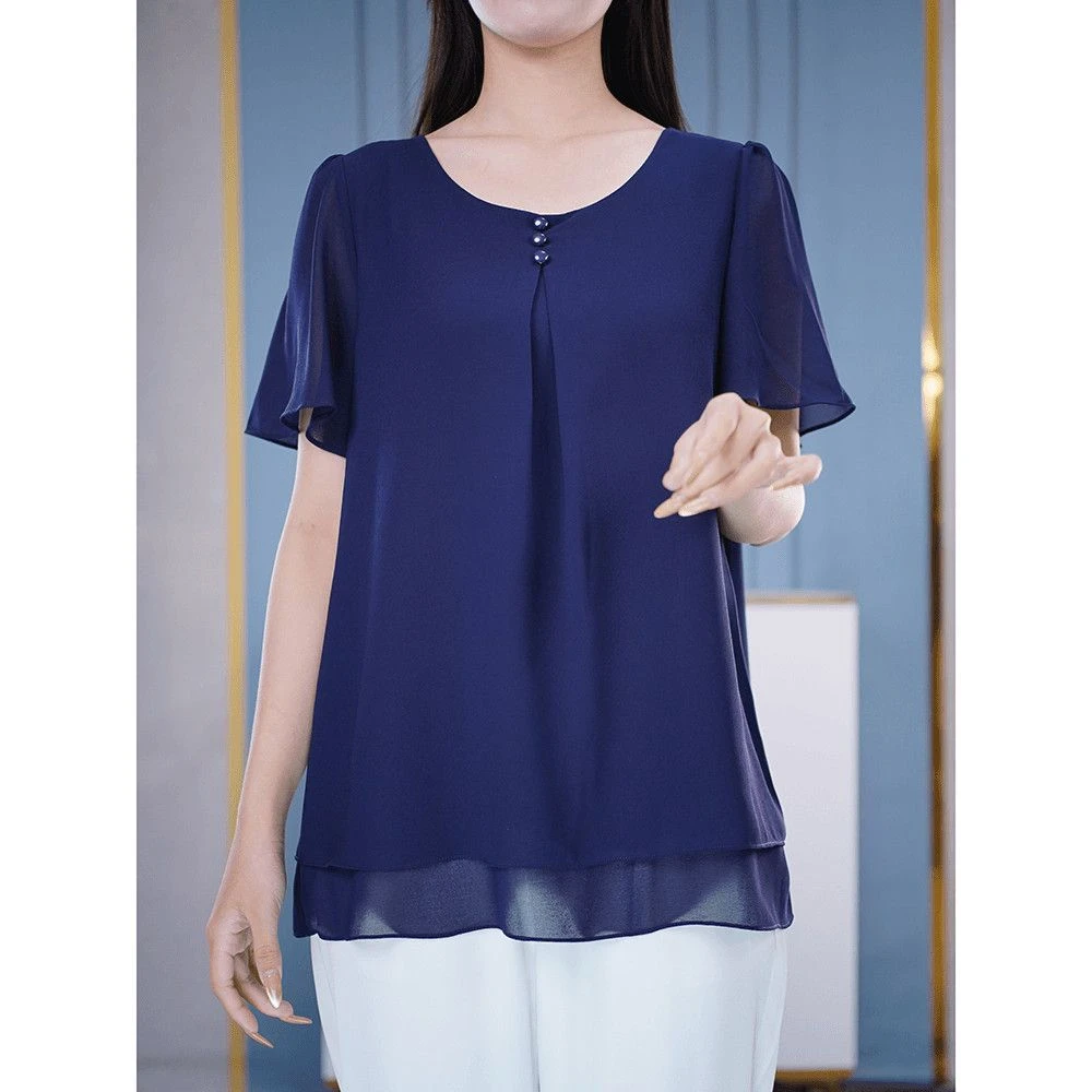 夏季网红新款时尚高档气质短袖纯色简约风衬衫圆领显瘦大码妈妈装