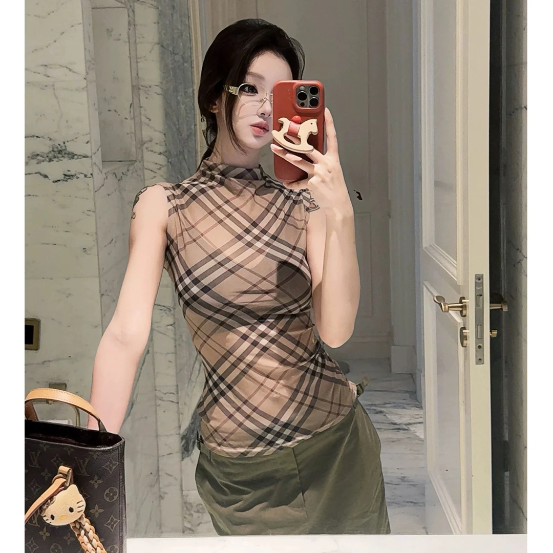 古早Lady*复古格纹弹力网纱半透中领收腰显瘦无袖背心吊带格子