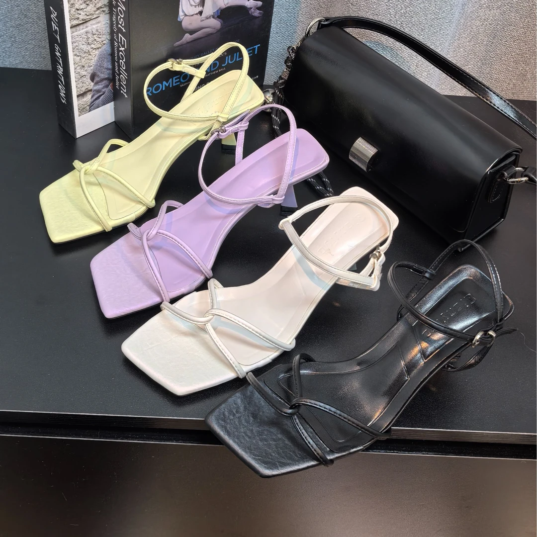 2025年夏款新品紫色法式高跟鞋细带一字拖鞋外出法式气质凉拖女鞋