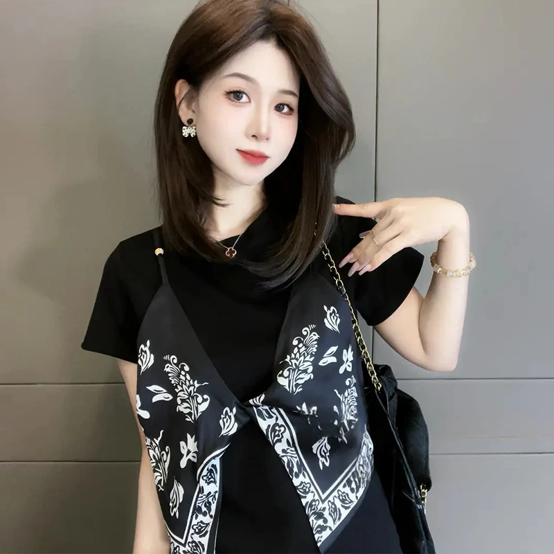 高含棉韩版设计感拼接假两件短袖t恤女2025夏季新款时尚洋气上衣