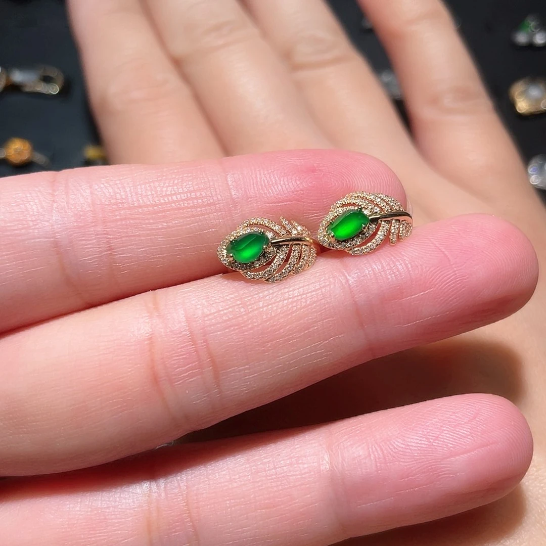 翡翠耳饰18K金镶嵌南非钻