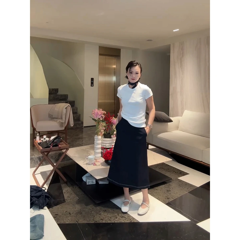 SHIIEELL夏季新款双色洋气极简百搭高质纯棉休闲短袖圆领T恤Z0754