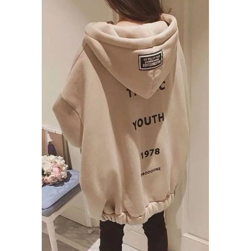 高端轻奢加绒加厚上衣潮秋冬季慵懒风胖大码宽松开衫外套连帽卫衣