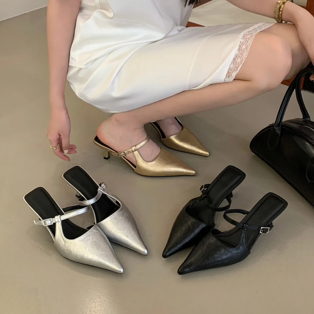 安安家 288-3 新款夏季法式风格金属装饰尖头包头女半拖高跟凉拖