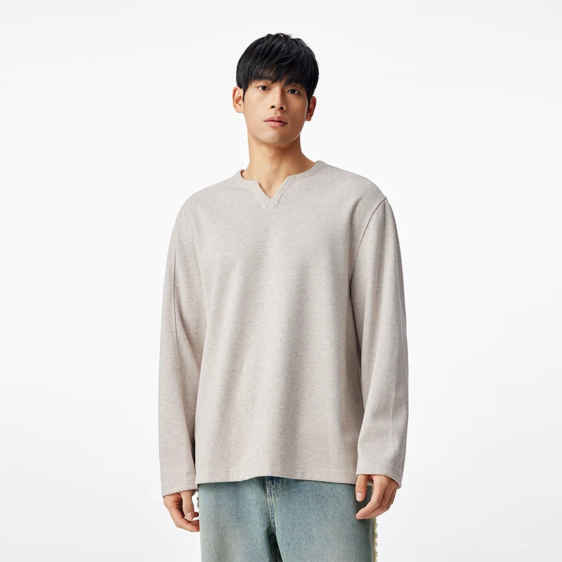 BODYDREAM男款V领长袖T恤毛呢打底衫简约宽松套头衫休闲内搭上衣