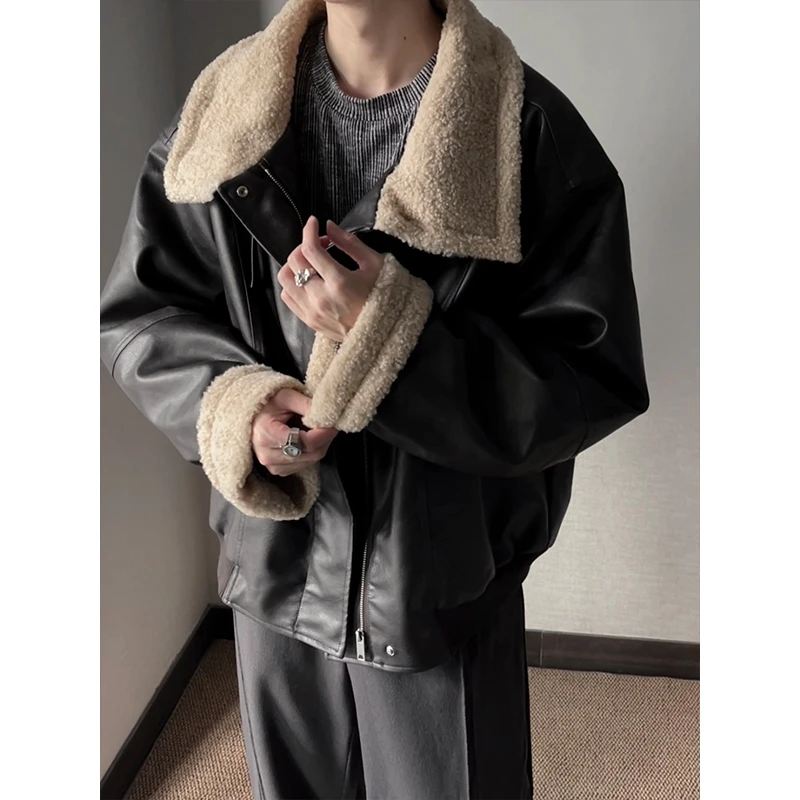 FMQZ STUDIO羊羔毛绒机车皮衣夹克棉衣男士痞帅加绒加厚棉服外套