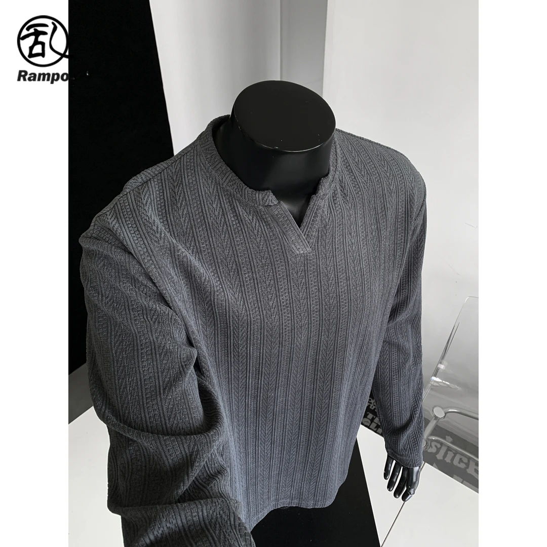 美式亨利领V领长袖t恤男款麦穗提花肌理感老钱风内搭打底衫上衣服