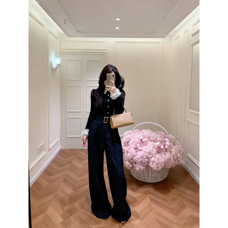 法式小香风甜美减龄娃娃领蕾丝拼接上衣秋冬宽松百搭阔腿长裤套装