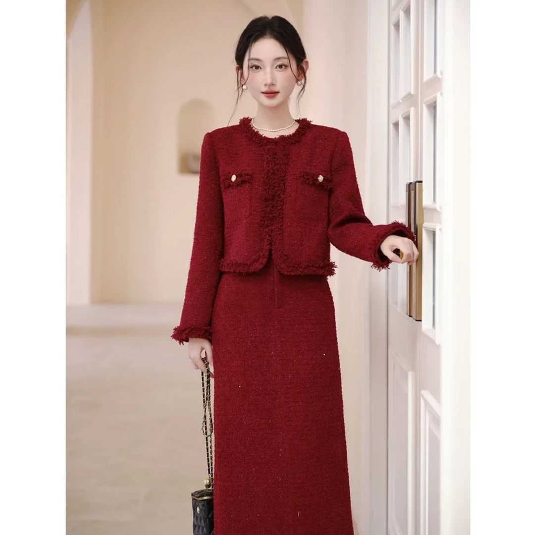 巴洛克舞会红色小香风订婚套装财阀千金外套裙子春季敬酒服1255