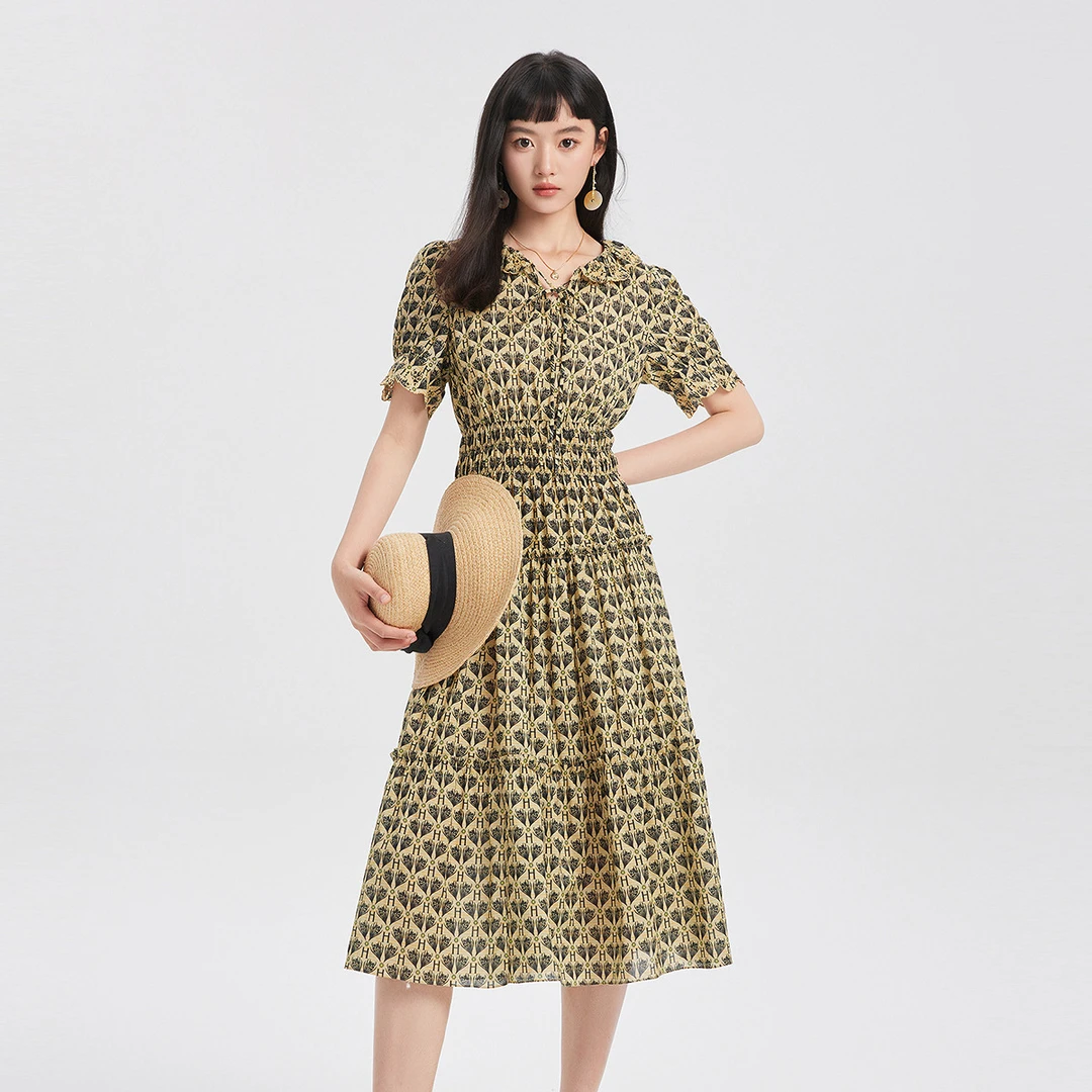 【丽公主专属】红袖气质印花收腰花边套头中长款连衣裙89623191603