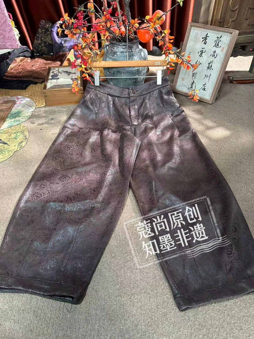 冬季新款新中式国风宽松显瘦高腰织花牡丹提花直筒花苞裤