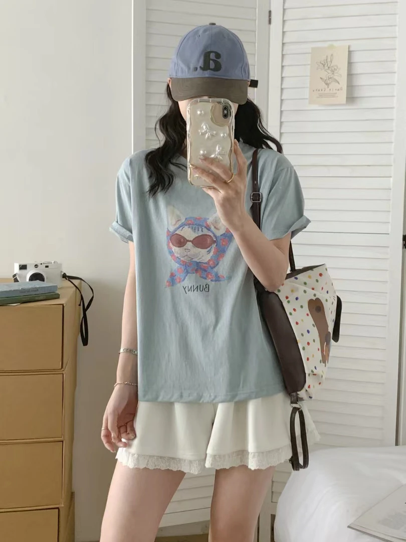 雪花棉~落肩~高弹夏季超薄超柔短袖T恤女卡通印花透气吸汗亲肤