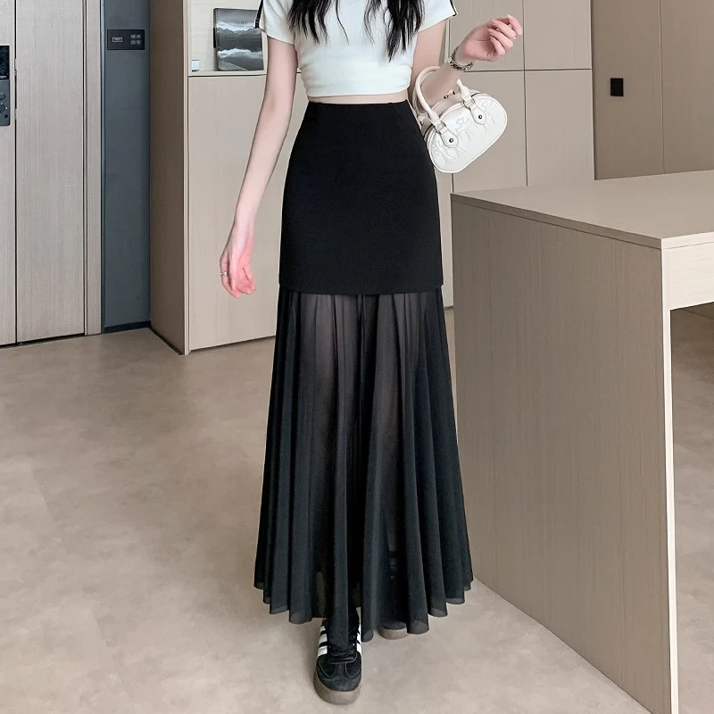 黑色网纱拼接半身裙女夏季新款优雅气质时尚百搭减龄垂坠感中长裙