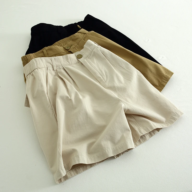 卡其色纯棉A字工装短裤女日系复古高腰显瘦百搭阔腿裤夏季五分裤