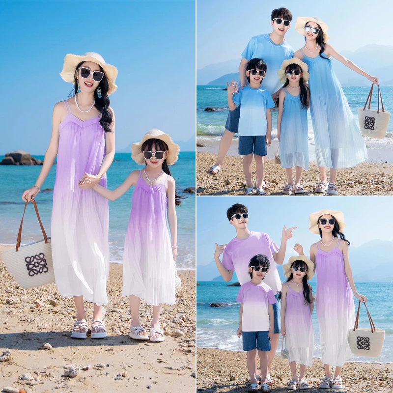 夏季沙滩度假亲子装一家三四口渐变风情侣海边度假披肩吊带连衣裙
