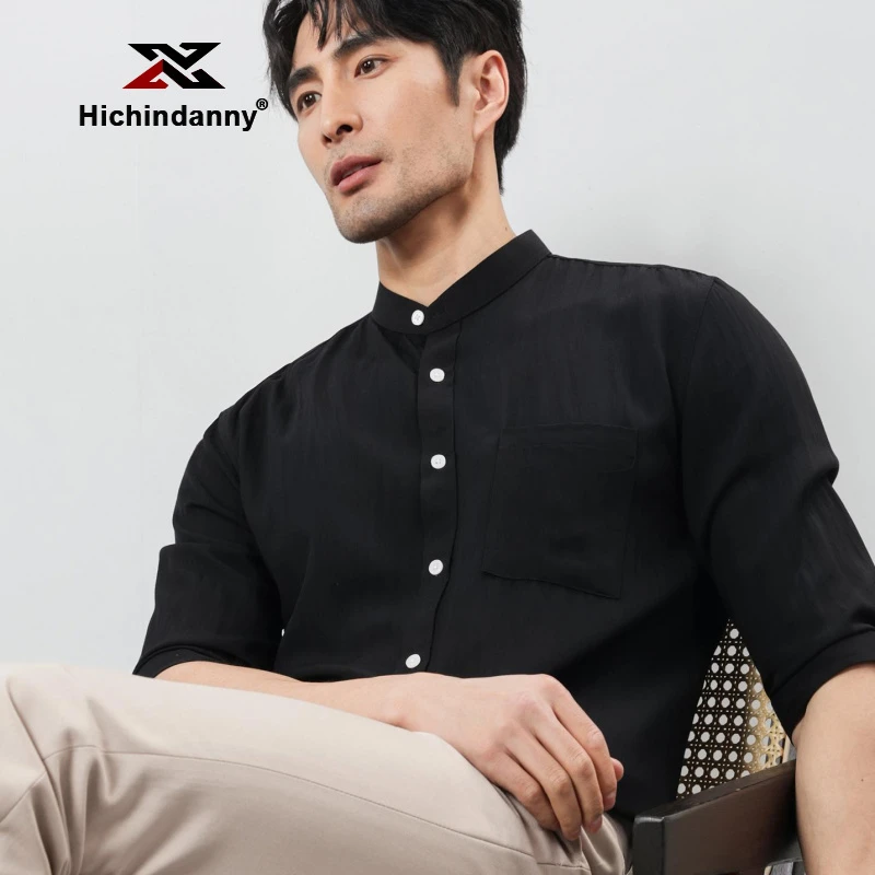 HICHIN新中式衬衫男士短袖夏季薄款五分袖休闲立领衬衣商务寸衫衣
