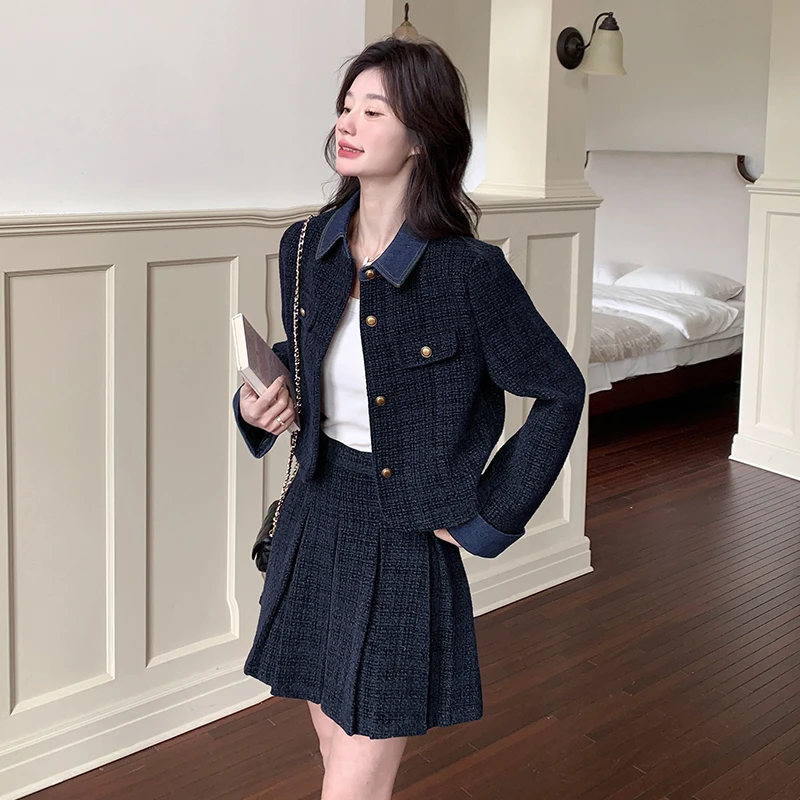 复古优雅小香风套装女2025秋季新款撞色拼接翻领外套百褶裙两件套