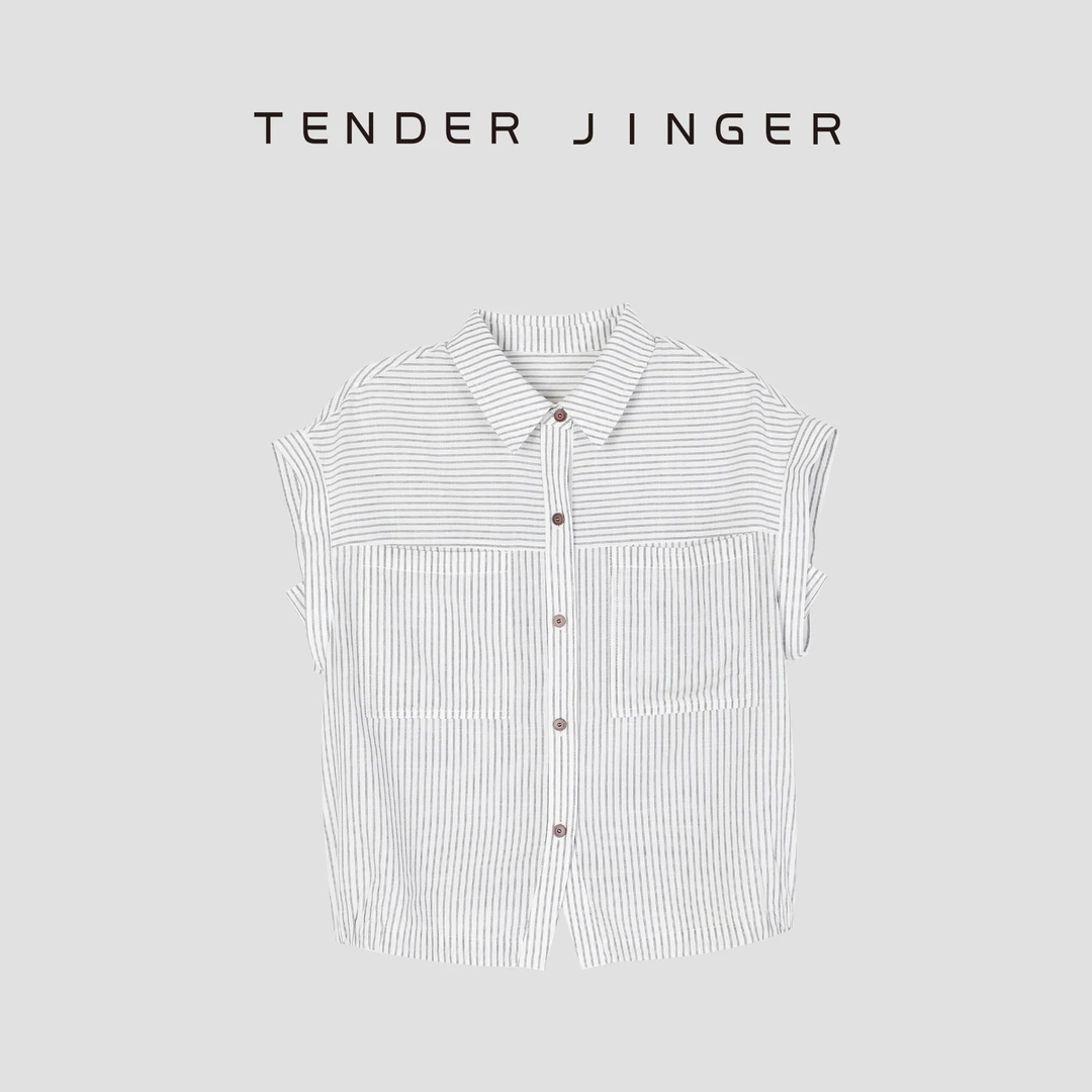 Tender Jinger【黑标】条纹翻领纯棉无袖衬衫T52LAN30908