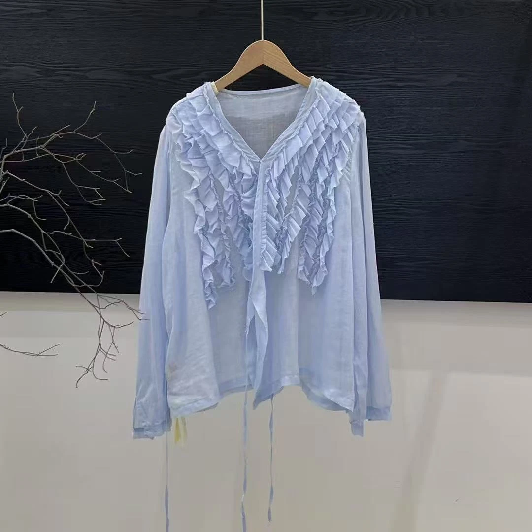 【繁花】新款百搭甜美风清透感苎麻重工捏摺暗扣系带