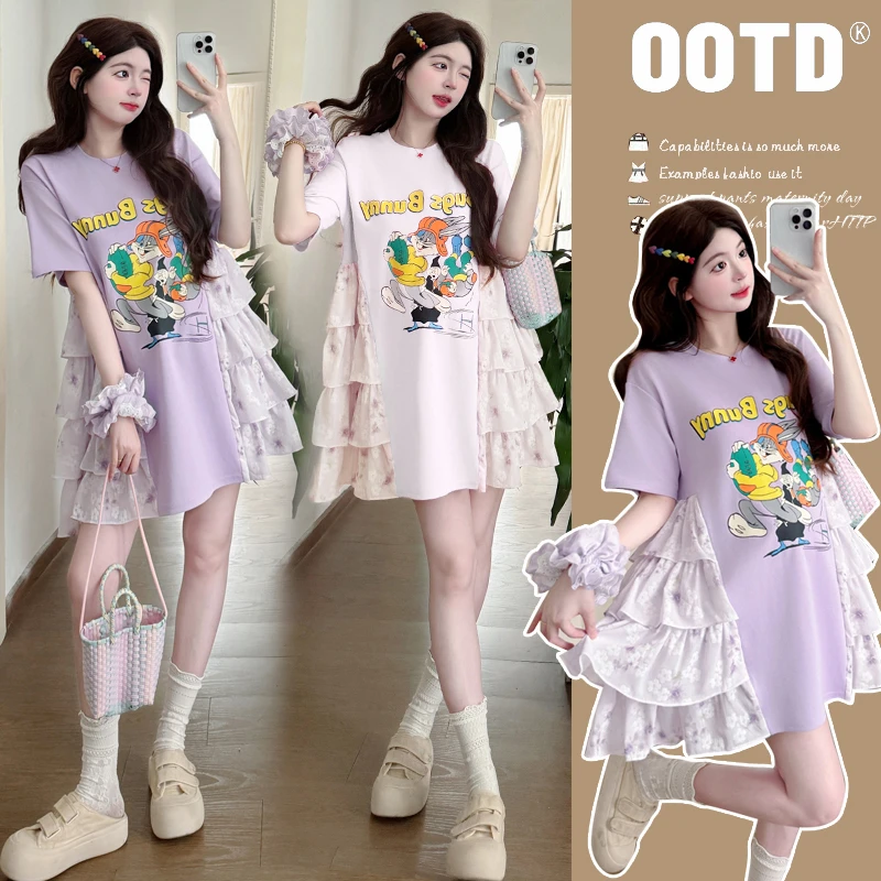 夏季孕妇装洋气显瘦实拍新款小众设计韩系拼接雪纺印花卡通蛋糕裙