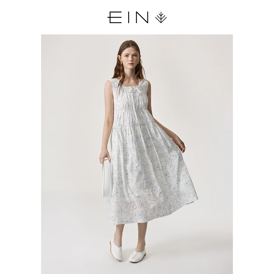 EIN/言文艺清新系带方领棉质盐缩印花褶皱吊带连衣裙宽松复古法式
