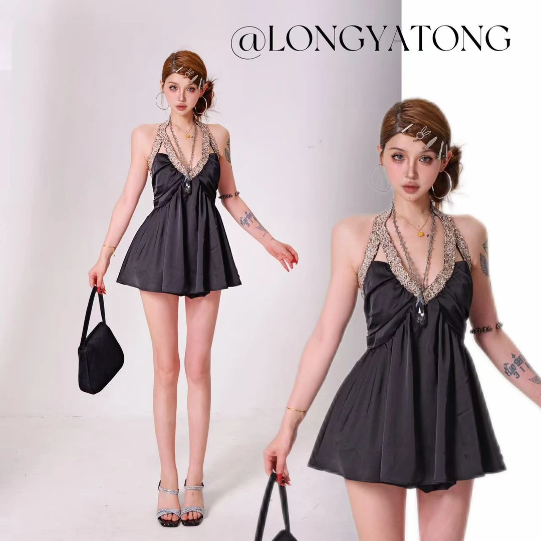 (清)龙怼怼推荐【钻影缪斯】显瘦夏季法式黑色赫本风连衣裙纯欲露背
