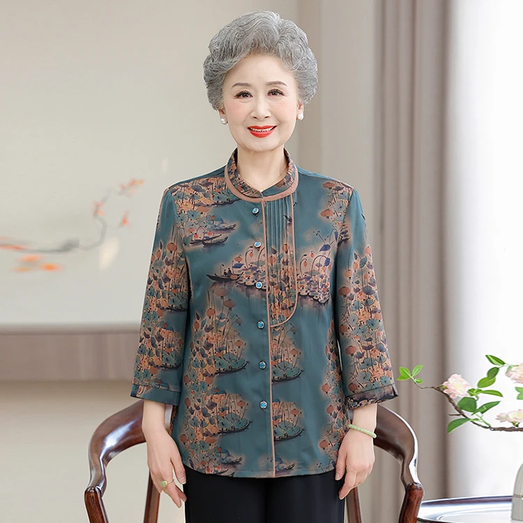 中老年人2025妈妈装夏季薄款七分袖奶奶装新中式洋气衬衫宽松上衣
