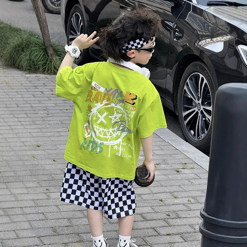 儿童荧光绿纯棉短袖t恤男女童夏季新款中小童潮酷痞帅上衣服帅气