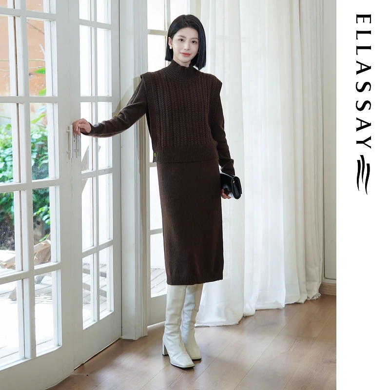 ELLASSAY歌力思秋冬新款高级修身真两件连衣裙女EWE354M21400