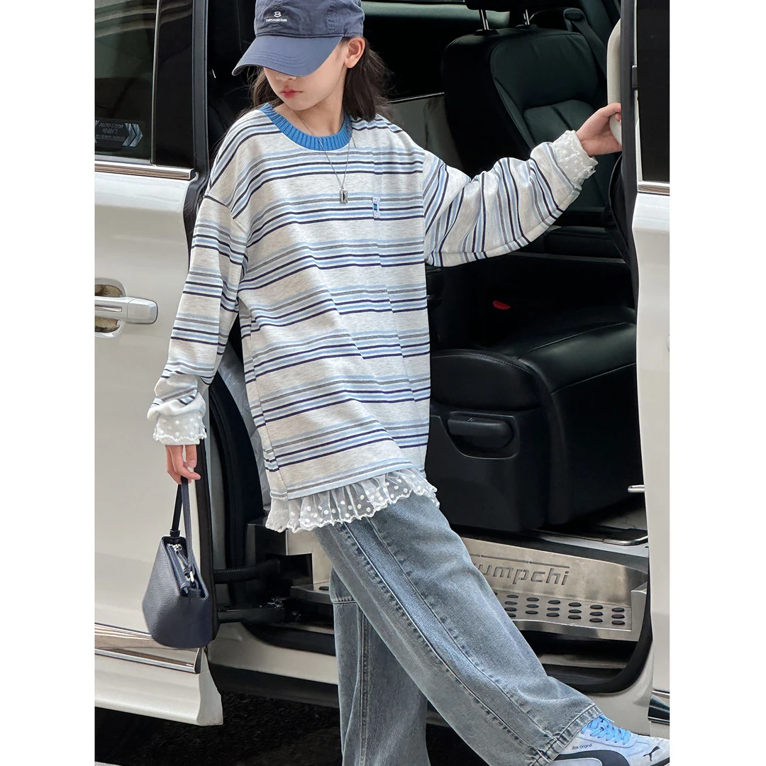 K29694孙小美撞色蕾丝女童秋装卫衣2025新款儿童条纹上衣春秋打底